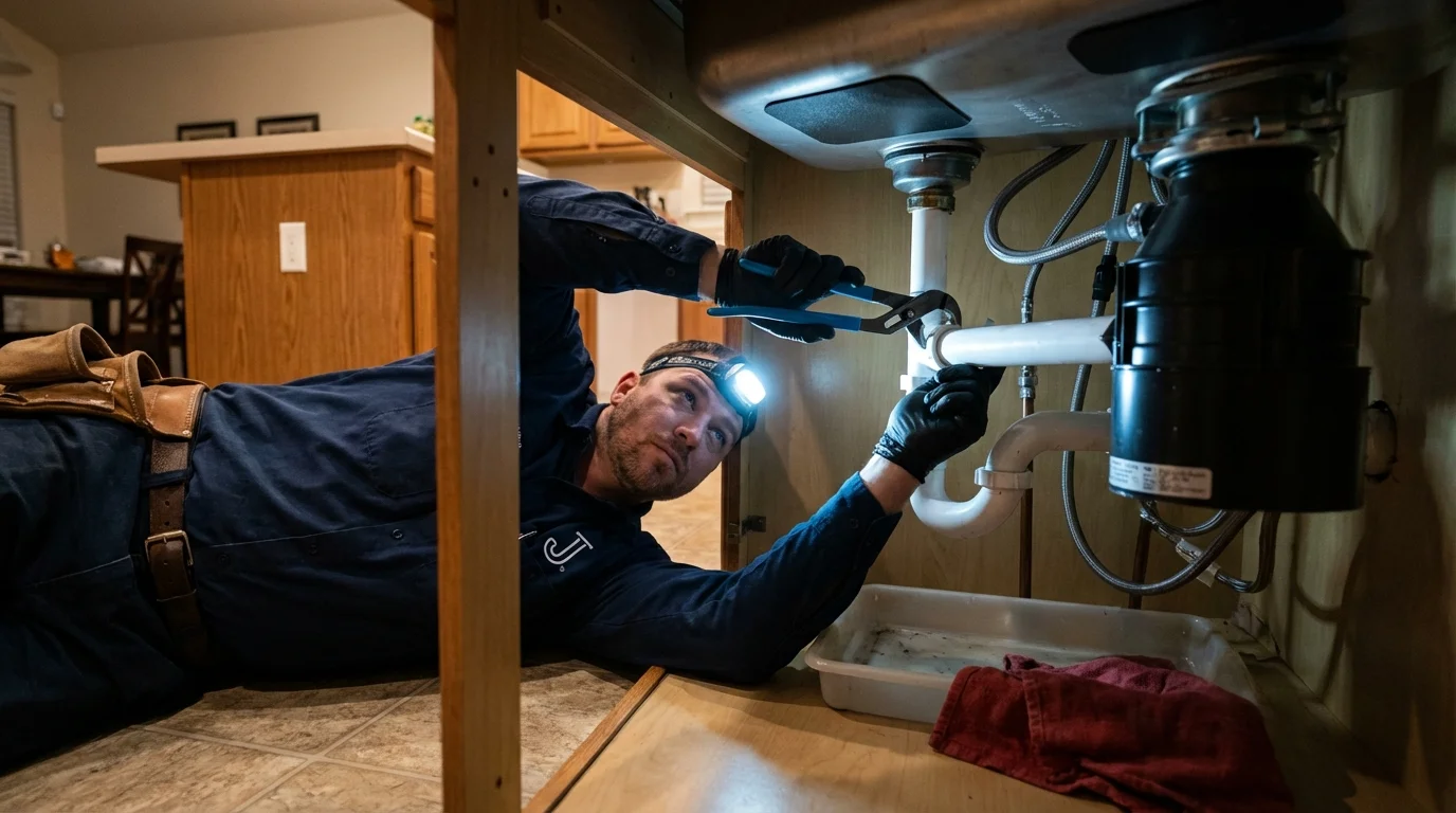 P-trap and supply line connections under a kitchen sink showing a common leak point in Yerington, NV